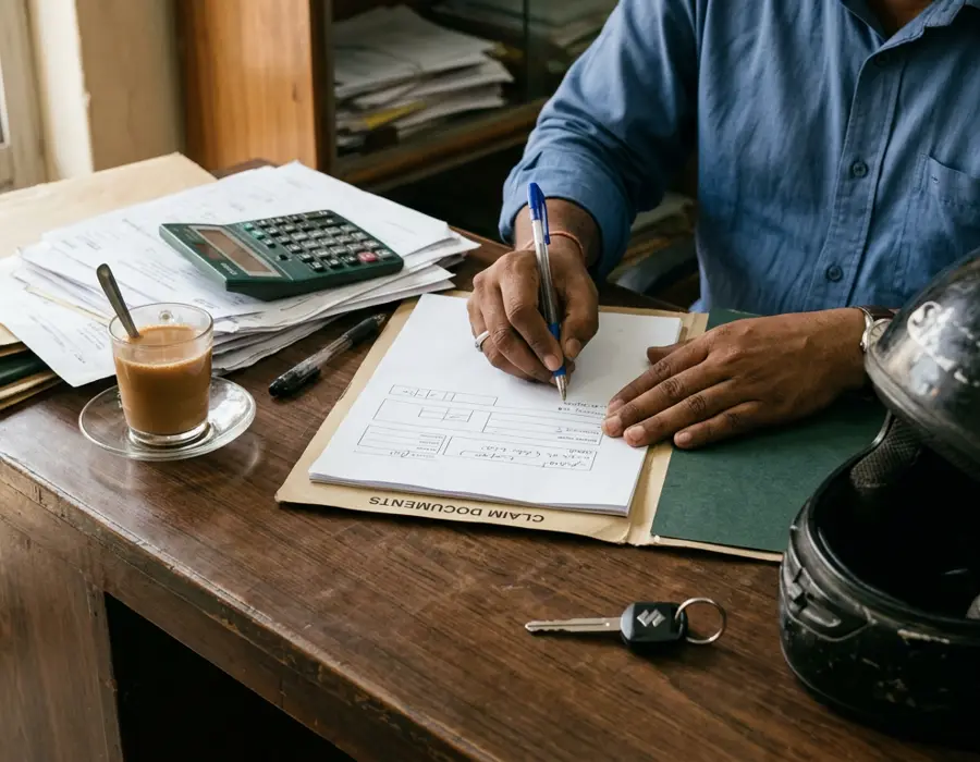 Claim documents, a car key and a helmet on the desk at the agency