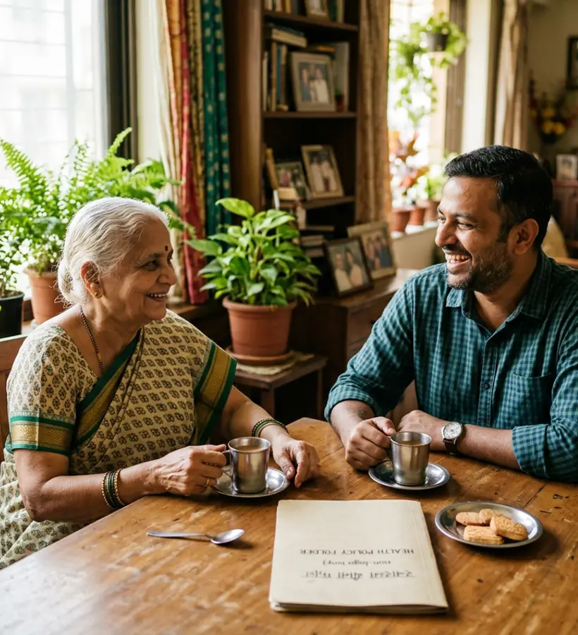 A family at home reviewing their health insurance folder