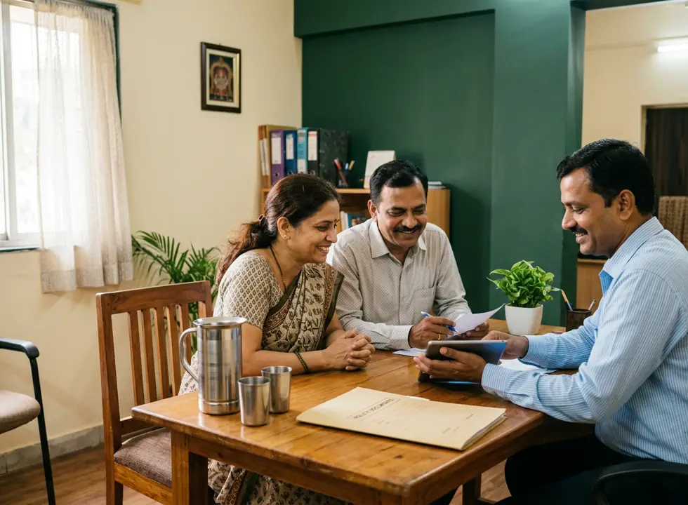 An insurance advisor going through policy documents with a couple at the Vasai East office