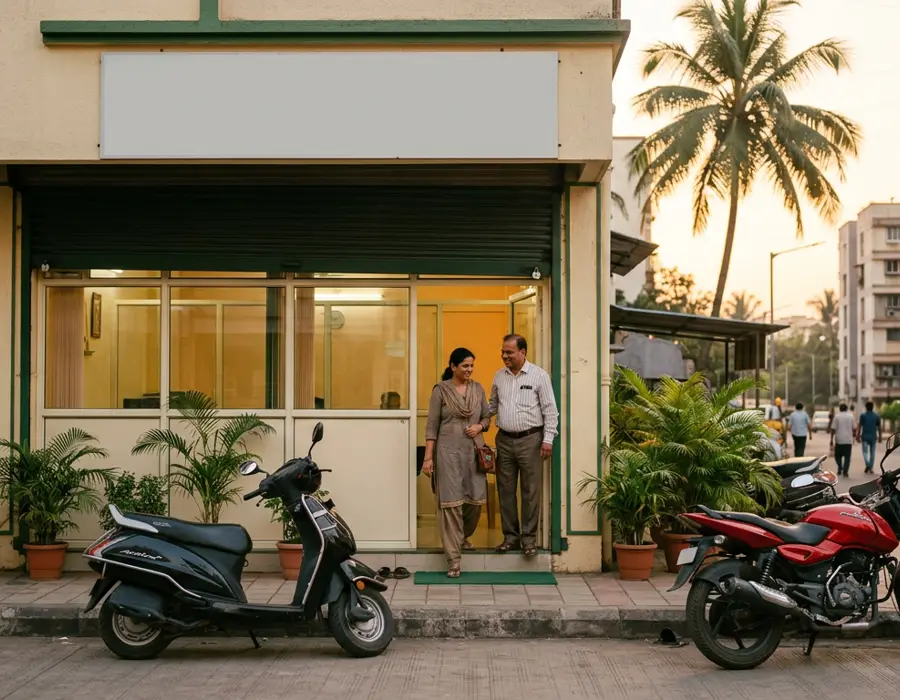 The Vasai Best Insurance Care shopfront on Evershine City Road at golden hour